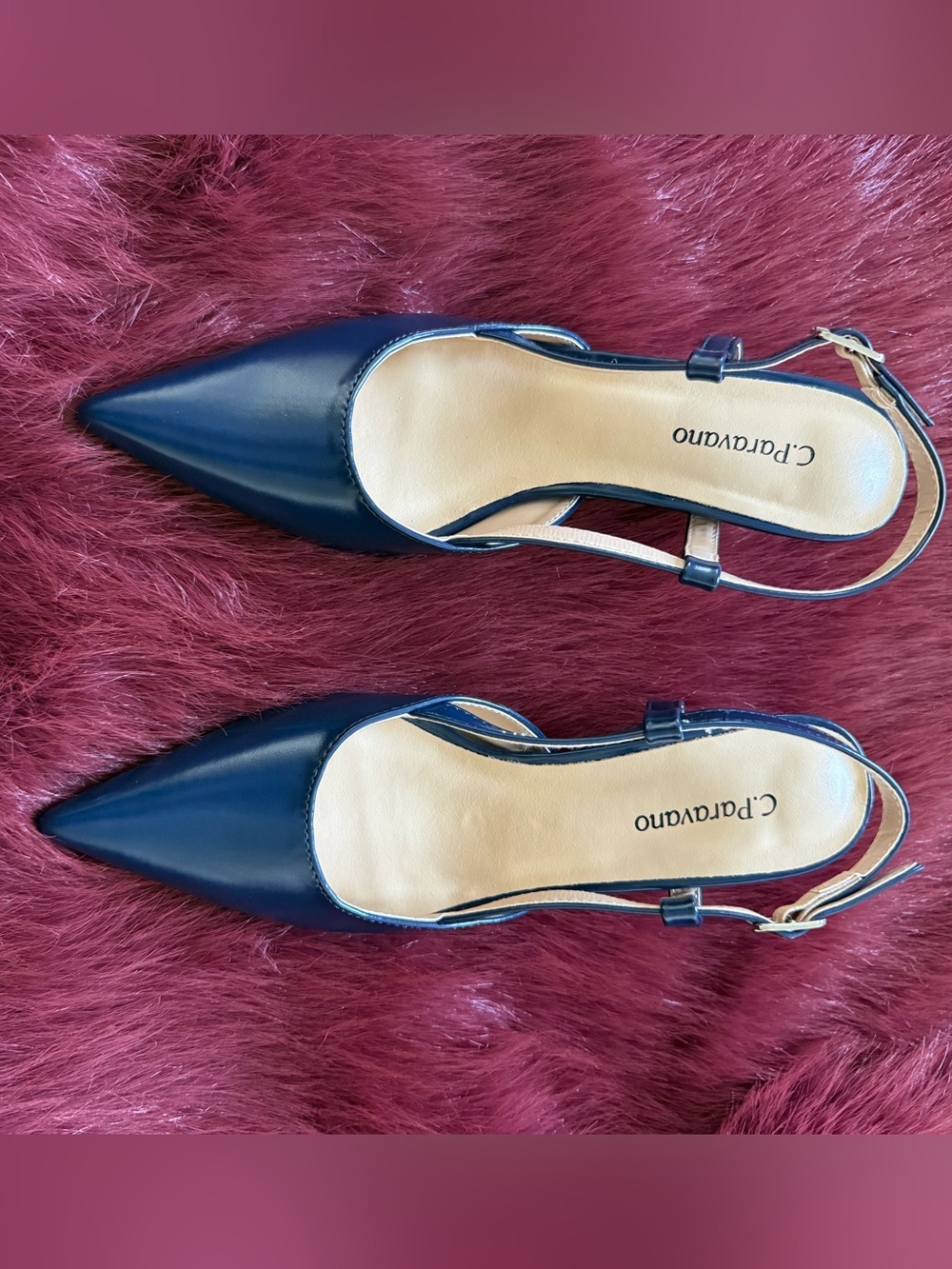 C. Paravano Navy Pointed Toe Slingback Pumps Kitten Heels Size 36 NWOB. - Picture 3 of 10